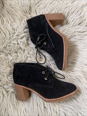 Tory Burch Black Suede Lace-Up Ankle Boots with Tan Block Heel